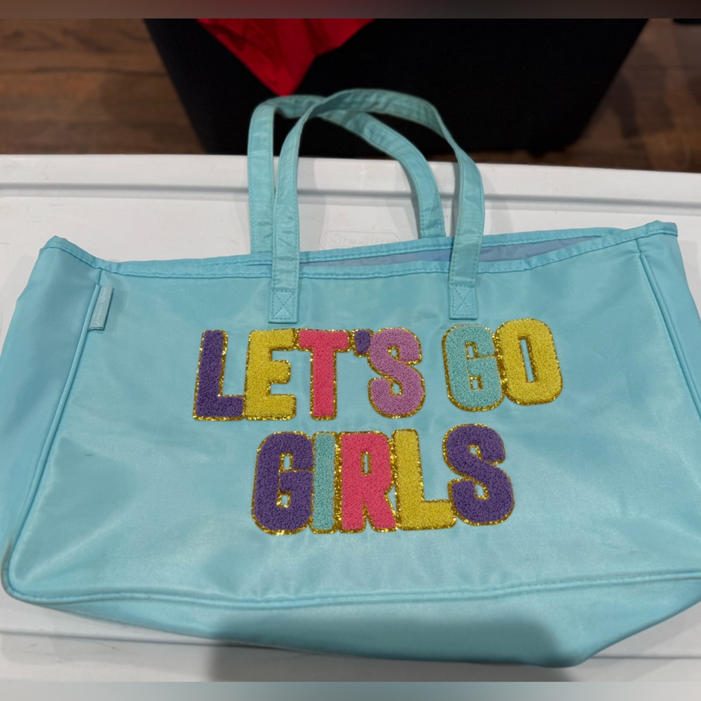 Blue Tote Bag with Colorful Text